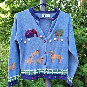 Vintage 90s Cardigan Sweater Blue Dogs Trees Flowers Covered Bridge Fence 14/16